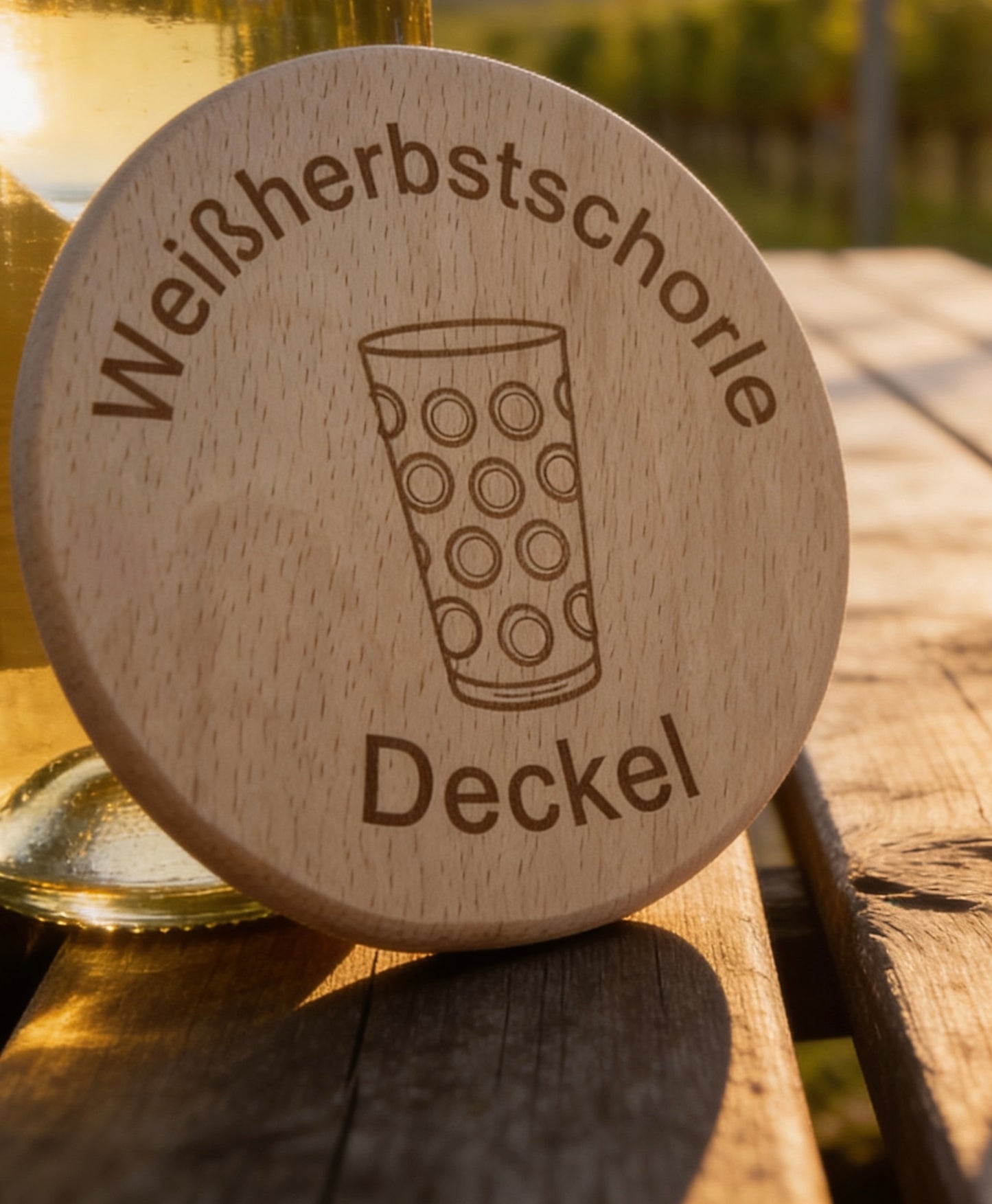 Personalisierte Trinkglasabdeckung aus Holz, Weissherbst, Insektenschutz