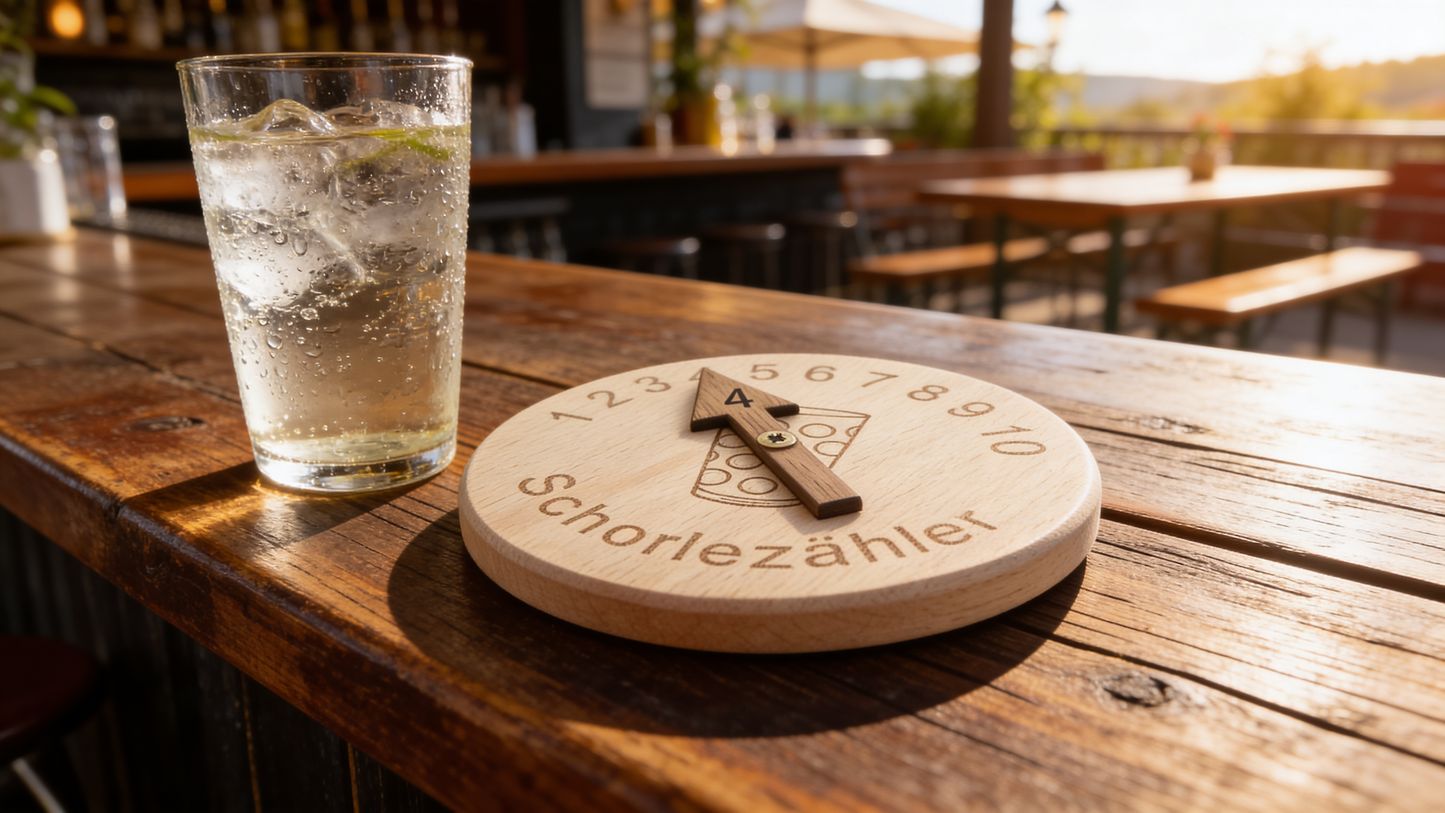 Personalisierte Trinkglasabdeckung aus Holz, Schorlezähler