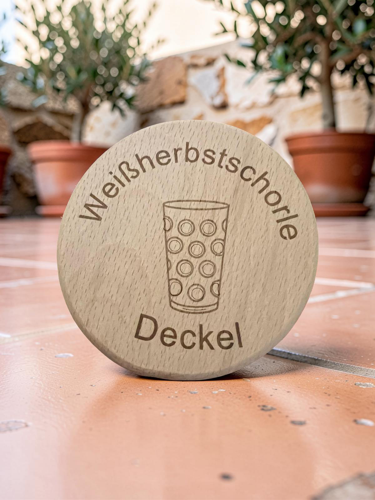 Personalisierte Trinkglasabdeckung aus Holz, Weissherbst, Insektenschutz