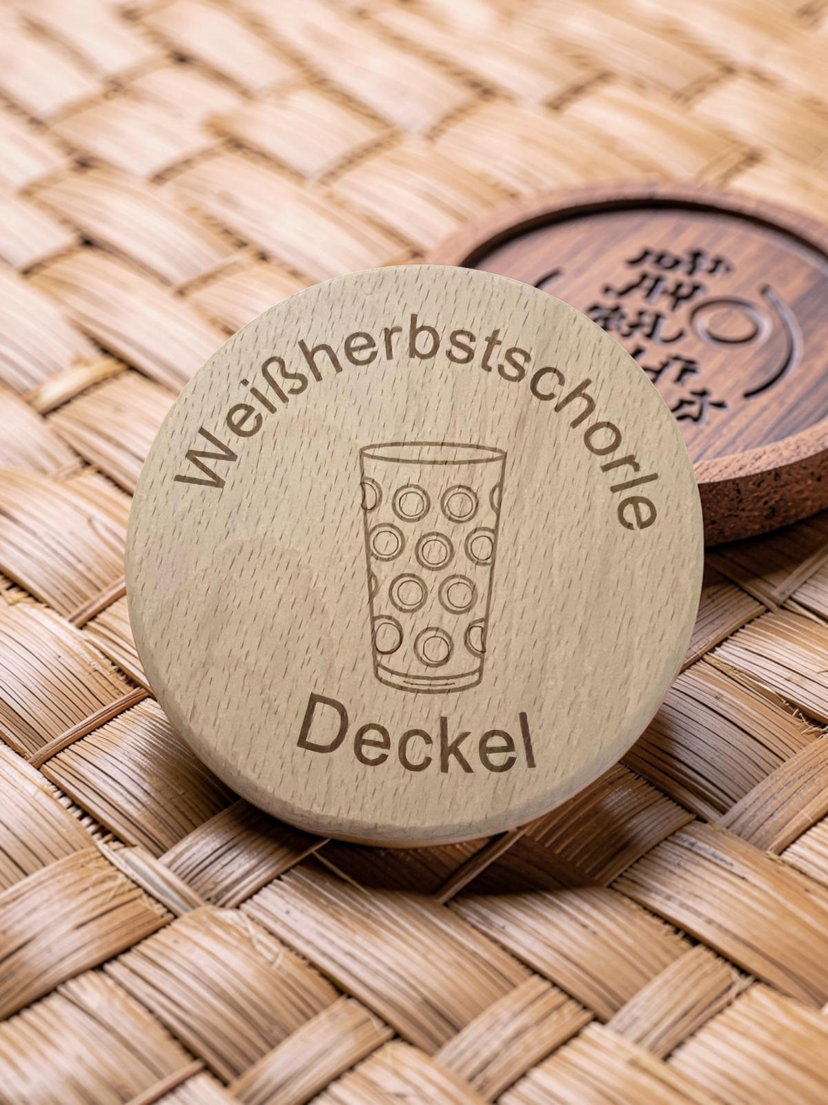 Personalisierte Trinkglasabdeckung aus Holz, Weissherbst, Insektenschutz