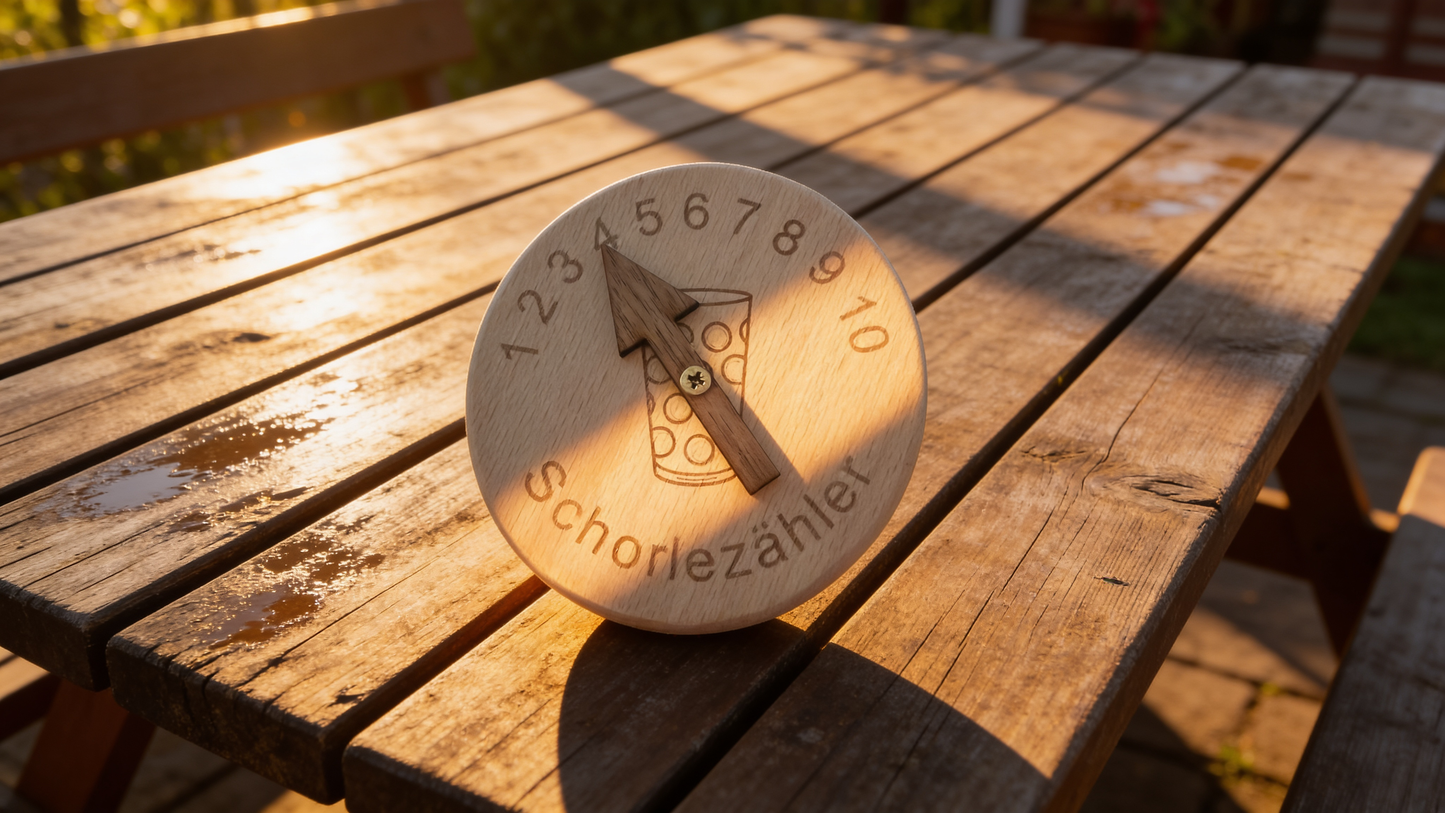 Personalisierte Trinkglasabdeckung aus Holz, Schorlezähler